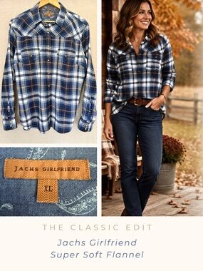 JACHS Girlfriend Blue Plaid Flannel Shirt | Pearl Snap Lightweight | 100% Cotton